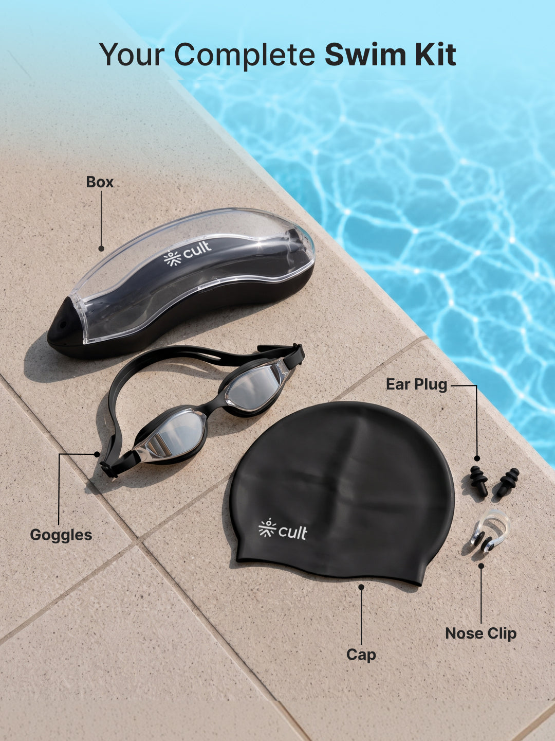 Cult Premium Swimming Kit, Anti-Fog Goggles, Silicone Swim Cap, Nose Clip, Ear Plugs & Premium Carry Box, Black
