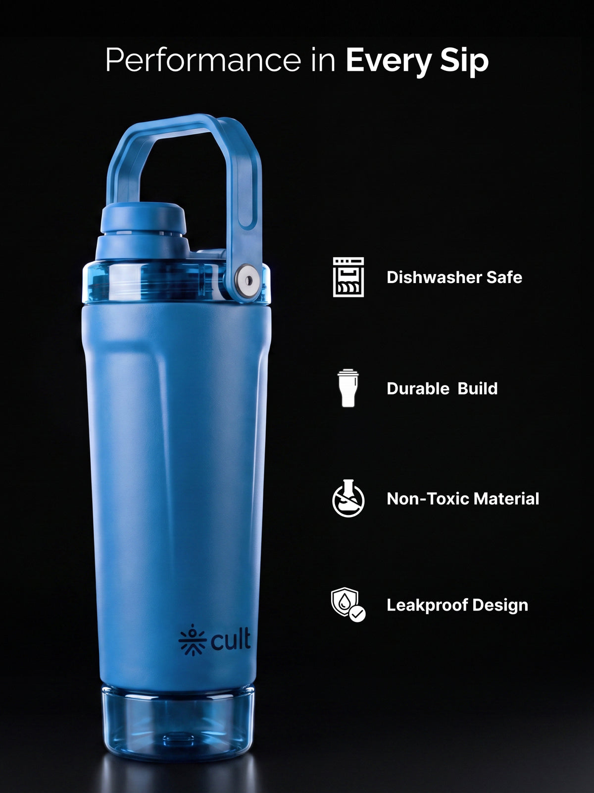 CULT Stainless Steel Gym Shaker 600ml | Leakproof Protein Mixer Bottle with Storage Container & Secure Lock Lid for Fitness & Travel (Royal Blue)