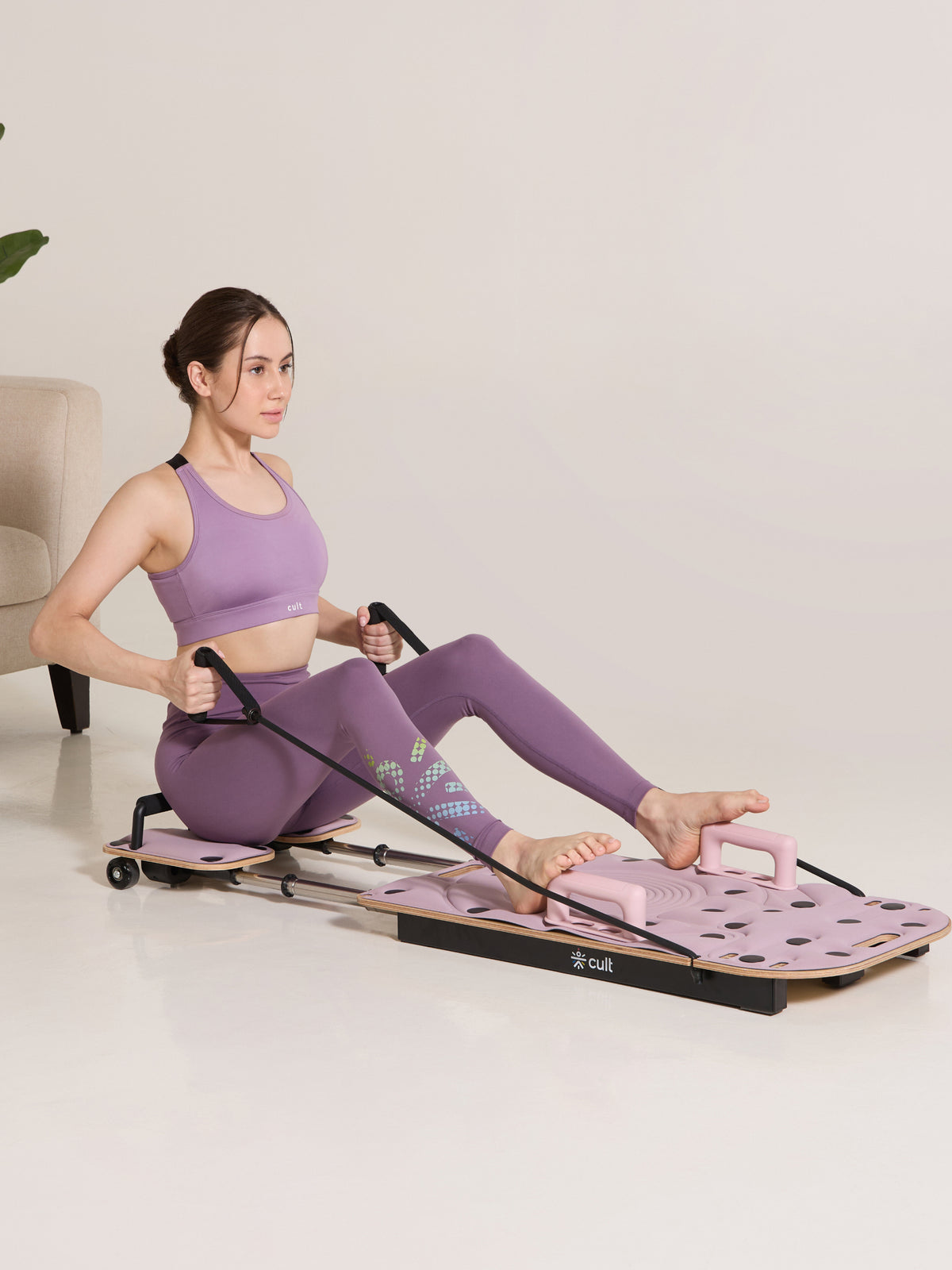 Cult PilateBoard for Home Workout | 2 Sets Resistance Bands & 2 Sets Handles |120 kg Max User Weight | Russian Birch Multi-Layer Wooden Board with Foam Rollers (Pink)