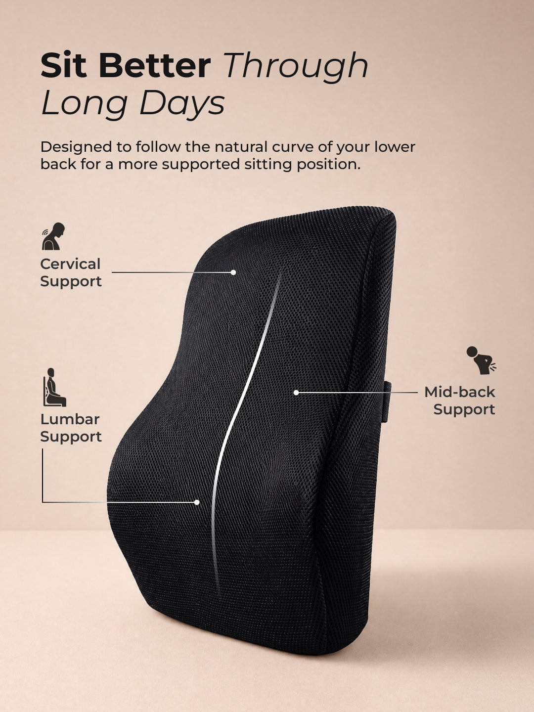 CULT Long Back Support Pillow for Full Back Lumbar Support Cushion for Bed Sofa Office Chair and Relaxation Black