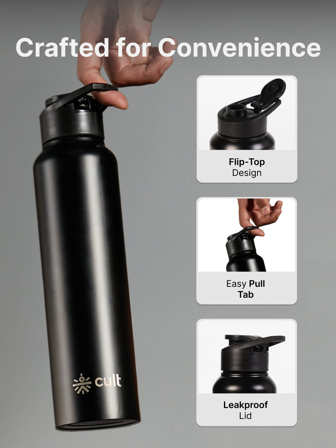 cult Steel Bottle 1Ltr With Sports Cap Black - 10 years of cult