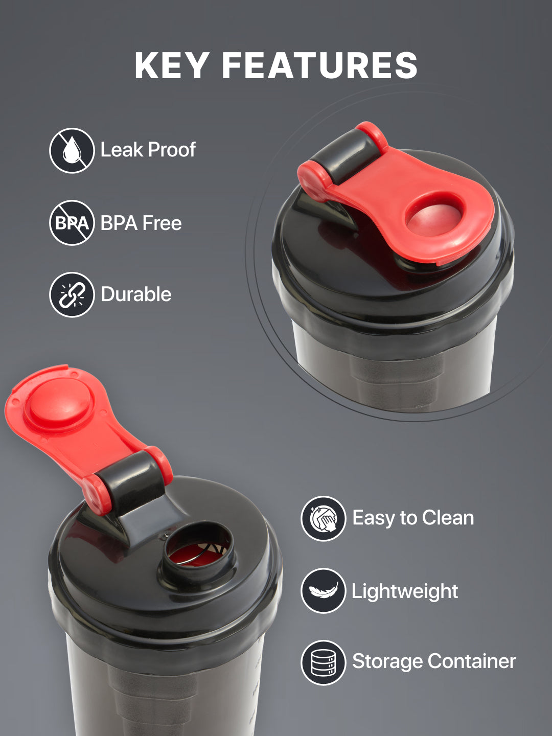 cult Gym Spider Shaker Bottle 550ml Shaker for Protein Shake 2 Storage Compartment Gym Protein Shaker For Workout Shaker Bottle For Men & Women Black Red