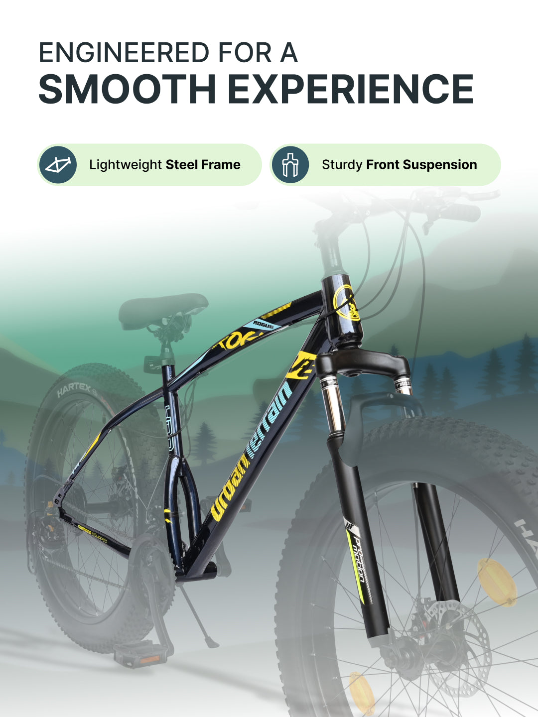 Rogue Mountain Bike Steel 21 Speed Cycle 26 inch Fat Tyre, Blue With Front Suspension, Single Wall Rim and Dual Disc Brakes, Ideal For 5 ft to 5.7 ft