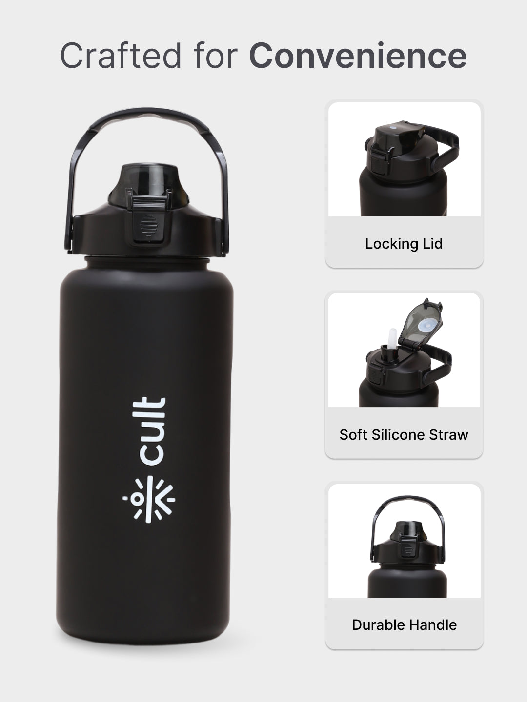 cult Motivational Bottle 2L Unisex Time Mark Sipper with Straw Black