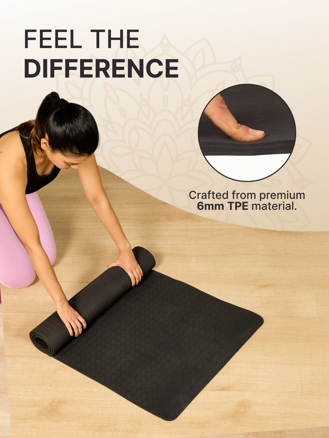 TPE 6mm Yoga Mat Black with Carry Bag & Yoga Belt Black