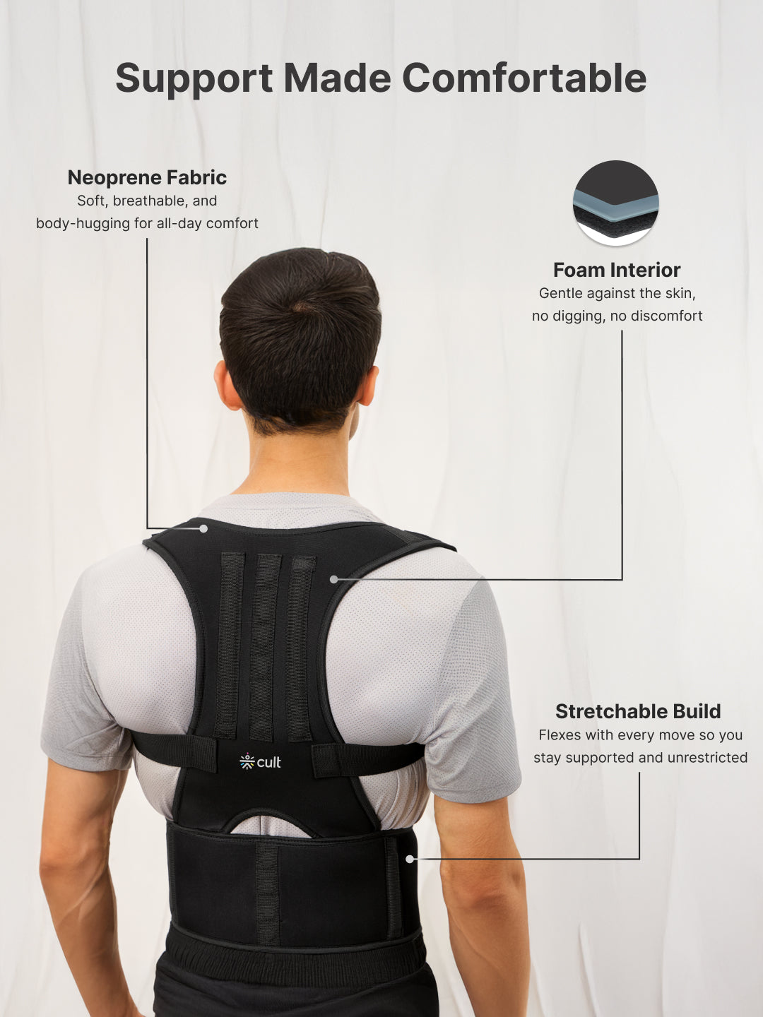 CULT Align Flex Posture Corrector Black Neoprene Back Support Belt for Men & Women Adjustable Spine & Shoulder Brace Breathable, All-Day Comfort Upper Back, Neck & Shoulder Alignment Support