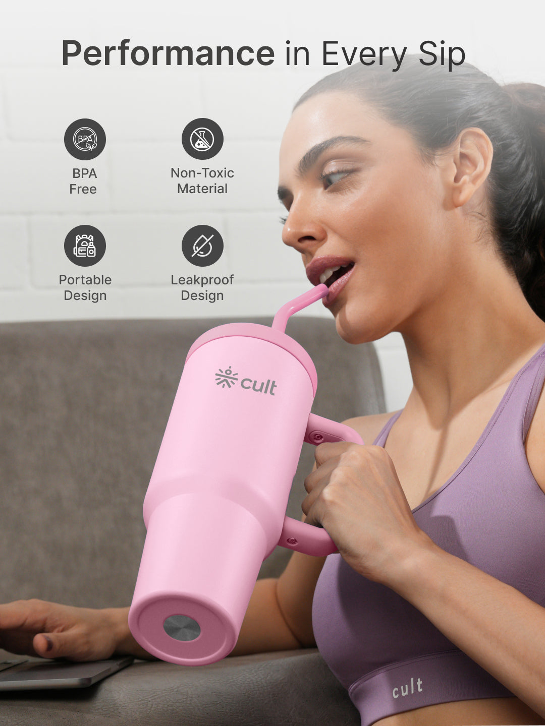 cult Tumbler 1200ML Steel Straw with Straw Cap and Cleaner Unisex Pink