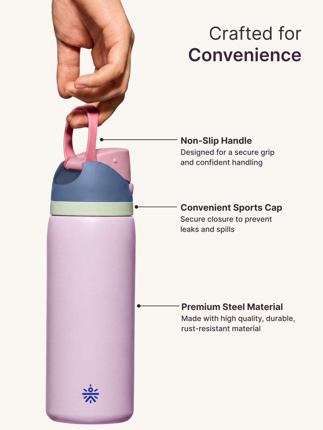 Cult Stainless Steel Water Bottle with Leakproof Dual Sip & Swig Design Cap & Carry Handle Pink