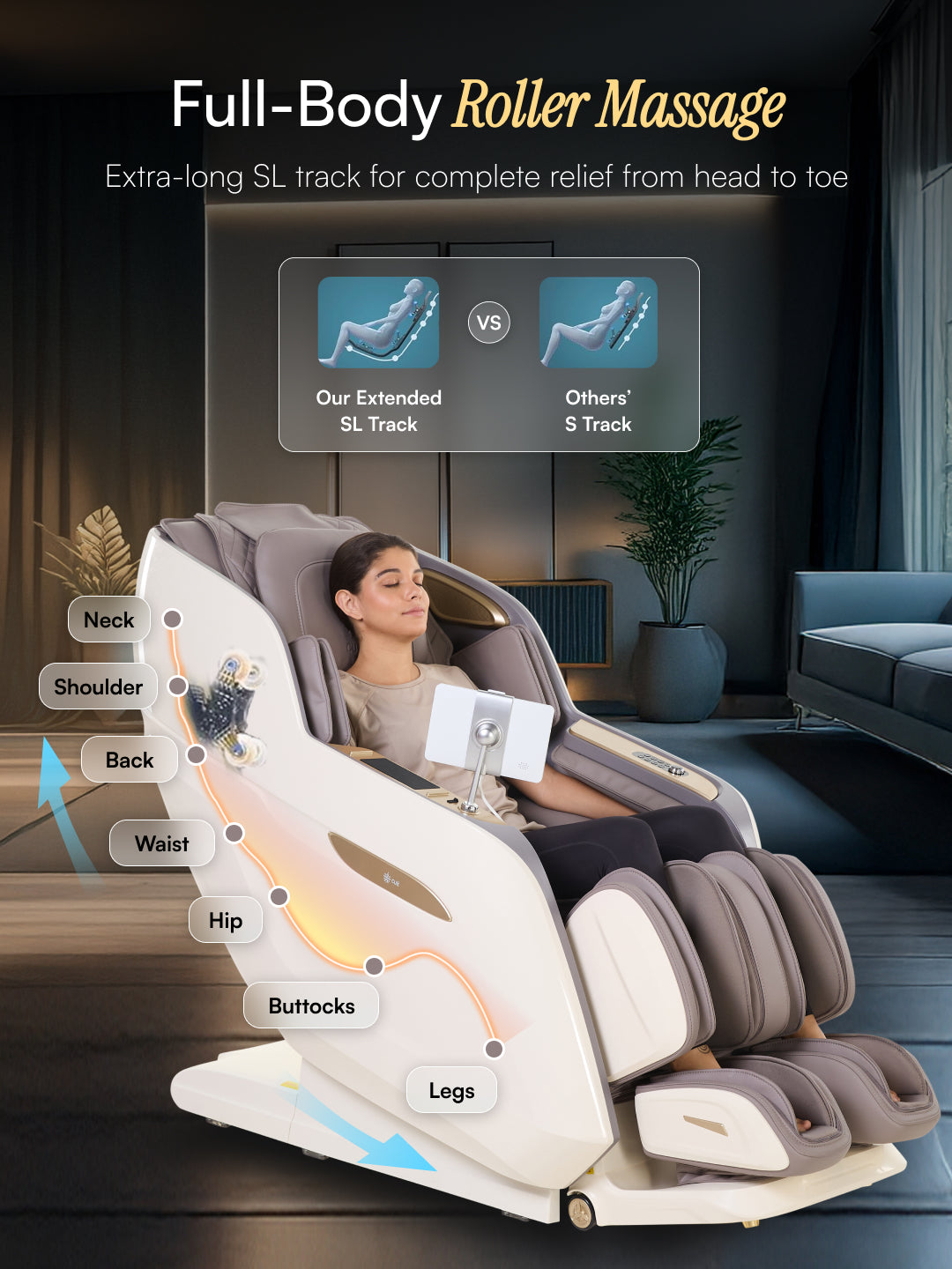 Cult Nirvana Advanced 4D Massage Chair with Leg Massager | Extended SL Track | 22 Auto Programs | Waist Heating | Zero-Gravity | AI Voice Control (Beige & White) - (6 Months extended Warranty)