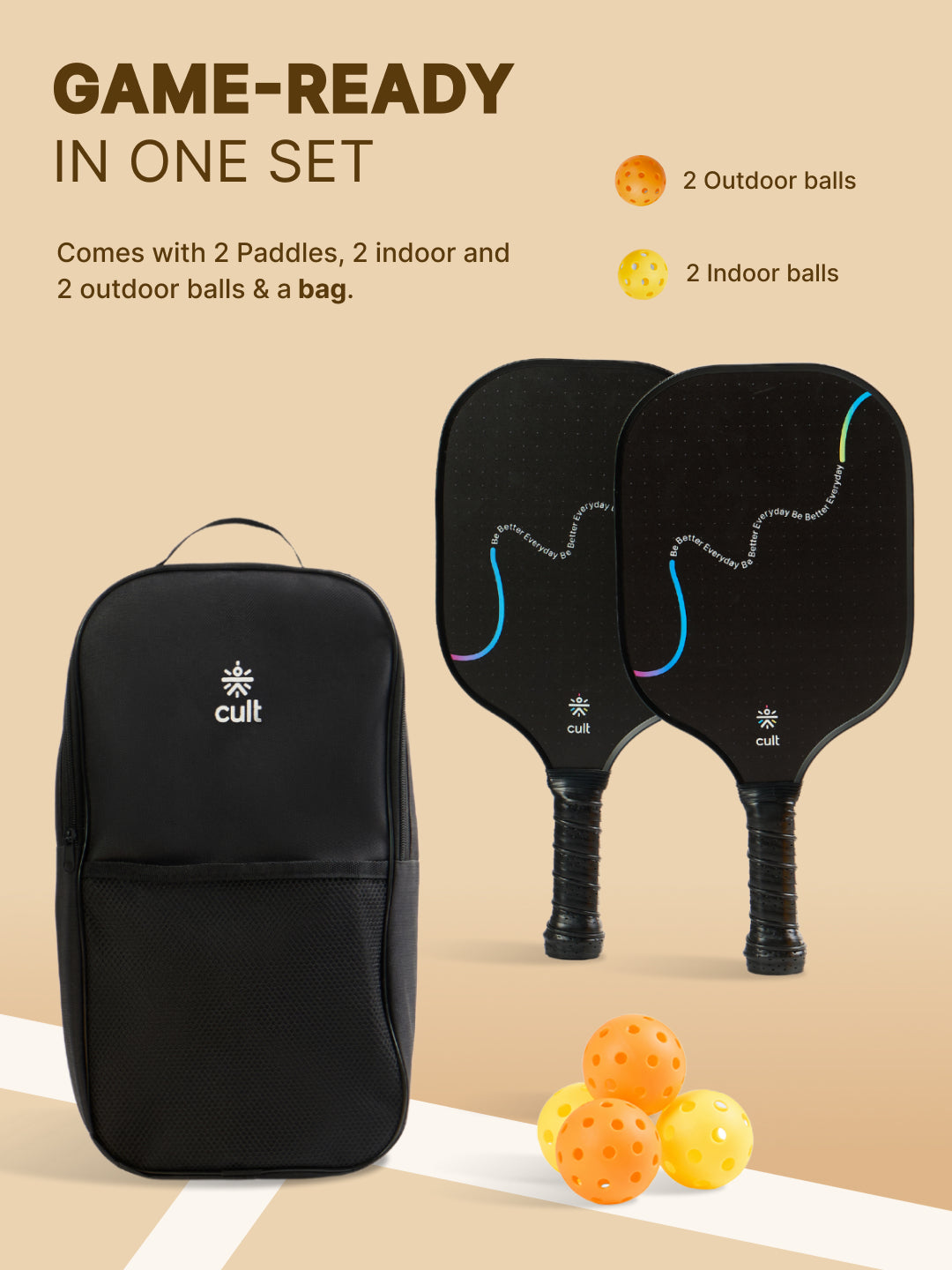 Pickle Ball Unisex Tough Fibreglass Material  Lightweight & Durable Cushion Comfort Handle Grip Includes 2 Paddles (Black), 2 Indoor Balls (Yellow), 2 Outdoor Balls (Orange) & Bag