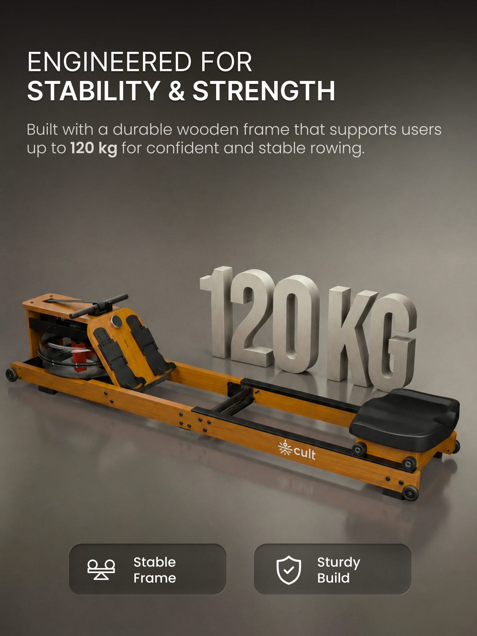 Cult Smart Water Rowing Machine for Home Gym | Dual Resistance | 32-Level Magnetic Resistance | Foldable Wooden Rowing Machine | 120 kg Capacity | Compact & Foldable Design