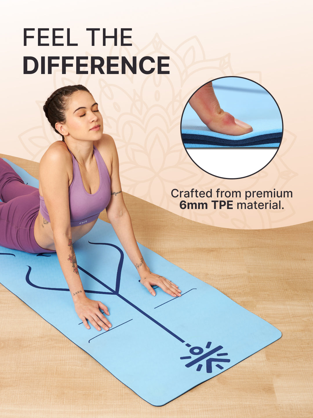 TPE Alignment Yoga Mat Blue 6mm with Carry Bag & Yoga Wheel Blue