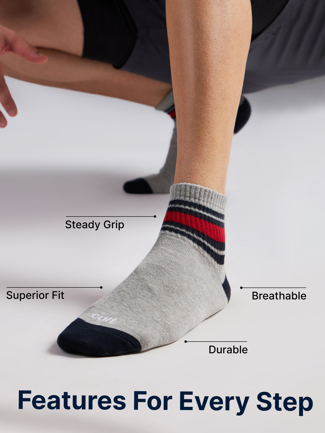 Sports Ankle Length Pack of 3 Grey Patterned Men's Cotton Socks