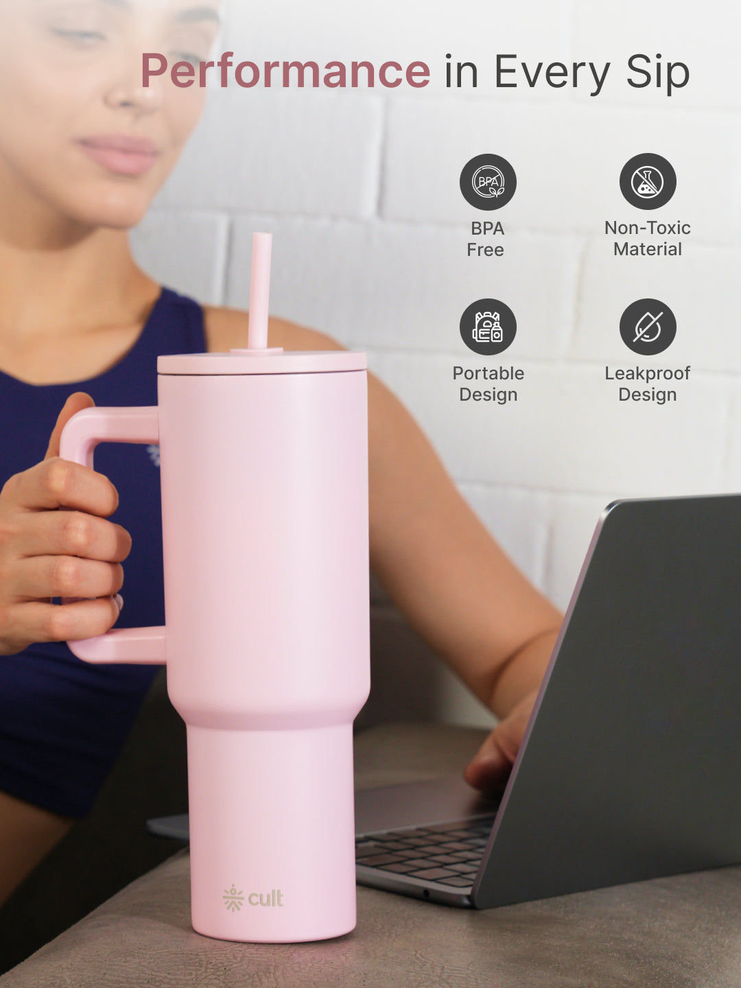 cult Steel Tumbler Double Vaccum Insulated for Hot and Cold 1200 ml Unisex Pink with Straw