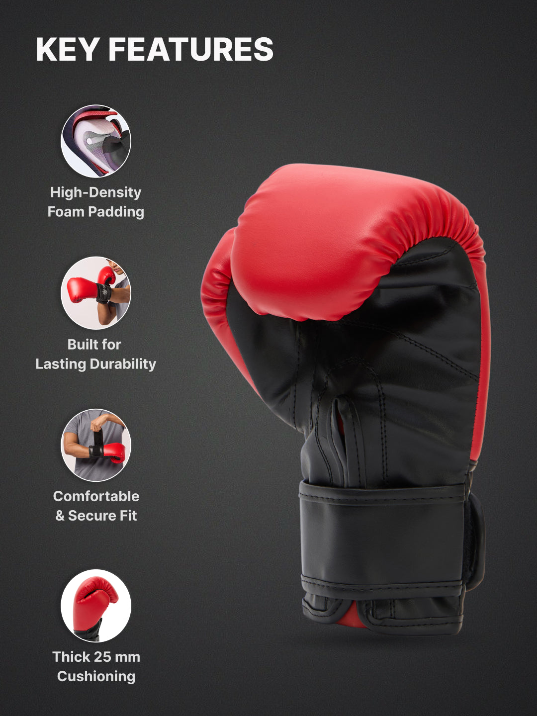 cult Neo PU Boxing Gloves for Men & Women Foam Padding Thickness 25mm Punching Bag Gloves for Boxing, Training, Kickboxing, Muay Thai, MMA Red and Black