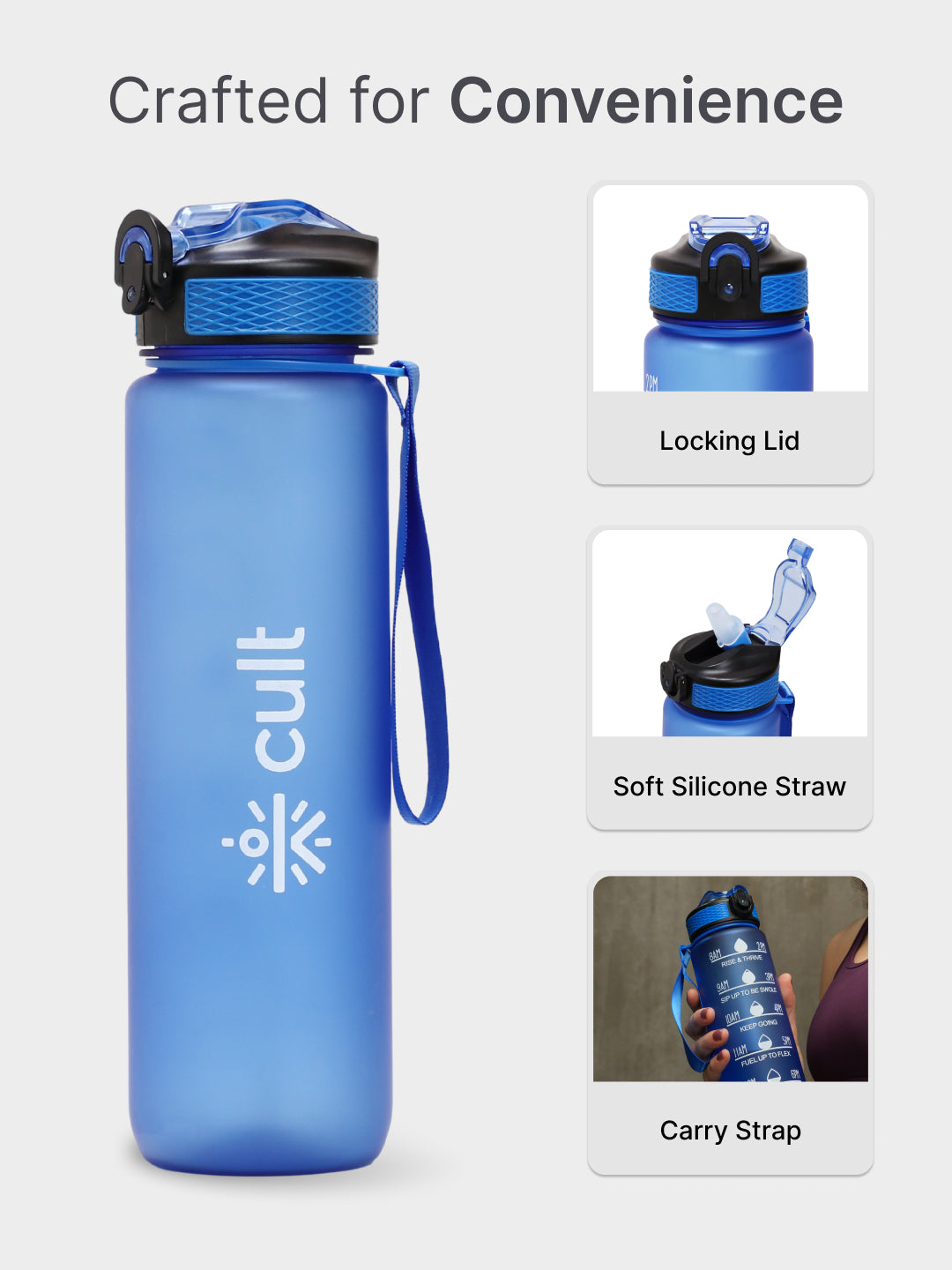 cult Motivational Bottle 1L Unisex Time Mark Sipper with Straw Blue