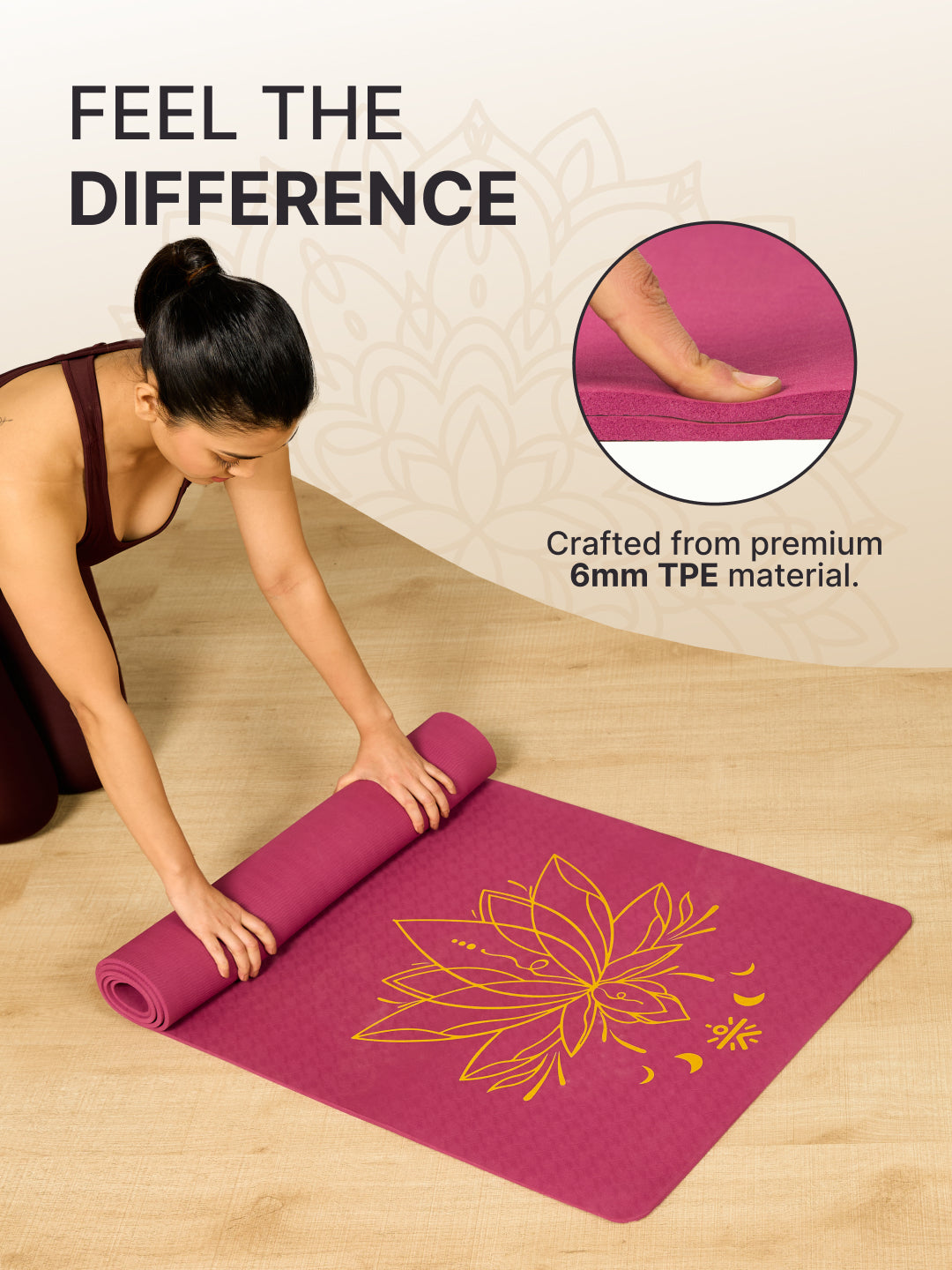 CULT TPE Yoga Mat 6mm with Carry Bag & Strap   Eco-Friendly, Non-Slip, Lightweight & Durable Exercise Mat for Yoga, Pilates, Meditation & Home Workouts   Purple Lotus Print