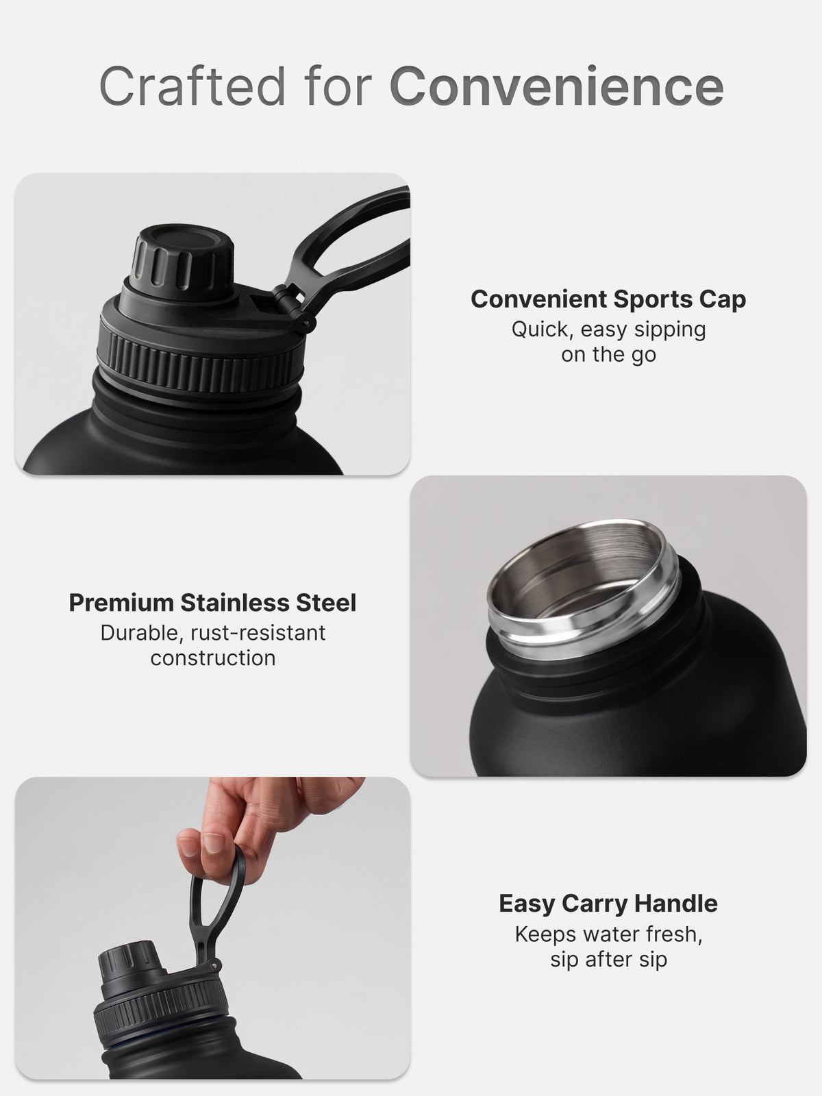 CULT 2 Litre Stainless Steel Water Bottle – 2000ml Leakproof Gym Hydration Jug with Sports Cap - Black