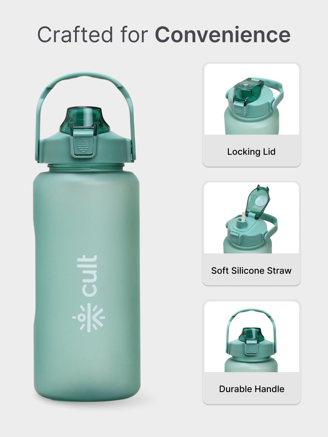 cult Motivational Bottle 2L Unisex Time Mark Sipper with Straw Green