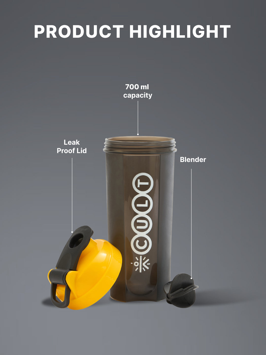 cult Gym Shaker Bottle 700ml Shaker Bottle For Protein Shake Leakproof Protein Shaker Sipper Bottle Ideal For Protein, Pre Workout And Gym Shaker Bottle for Men & Women Black Yellow