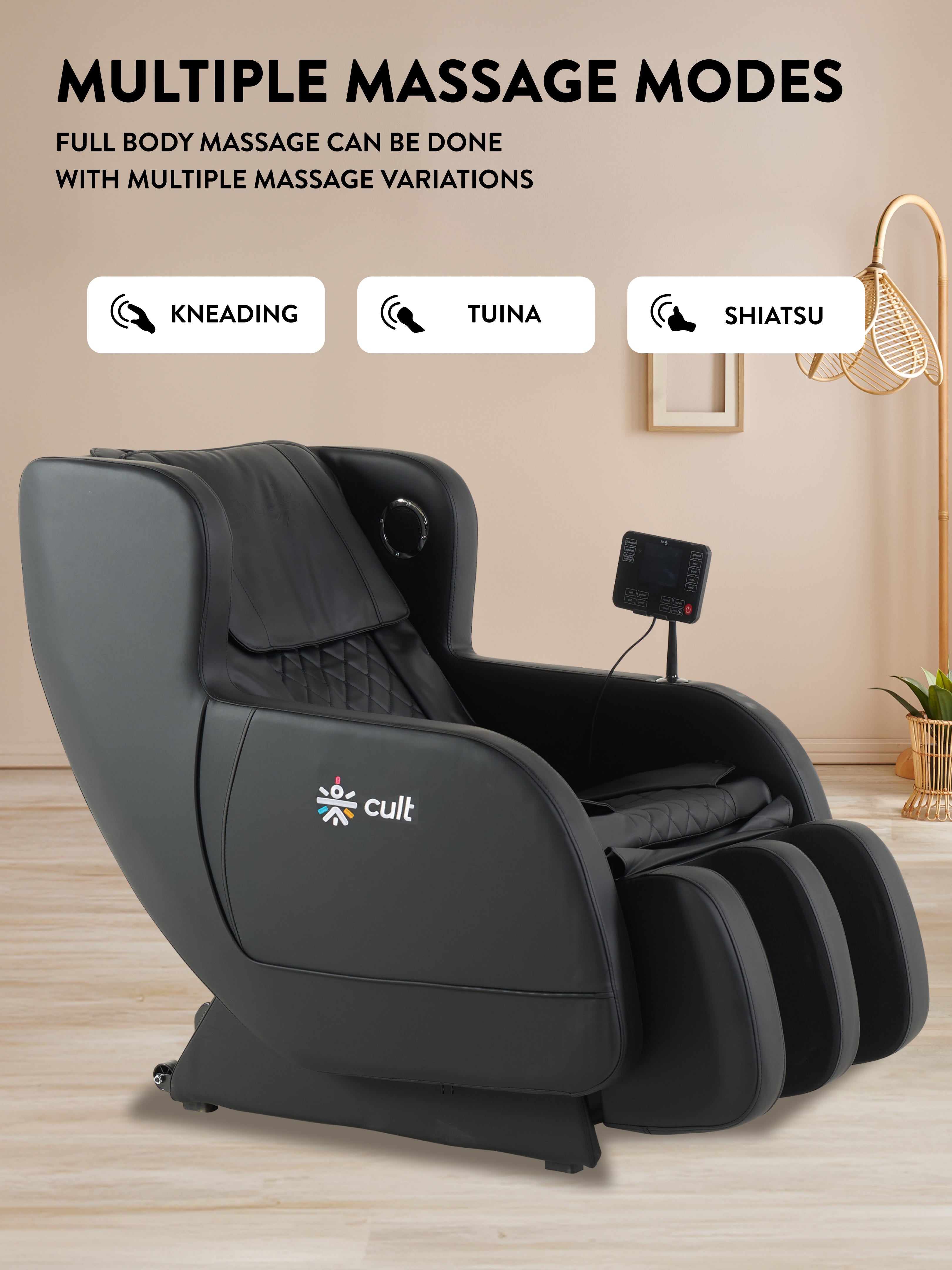 Cult BlissBlack Massage Chair with Fixed Point Massage Technique and Bluetooth AI Voice Function for Full Body Massage At Home