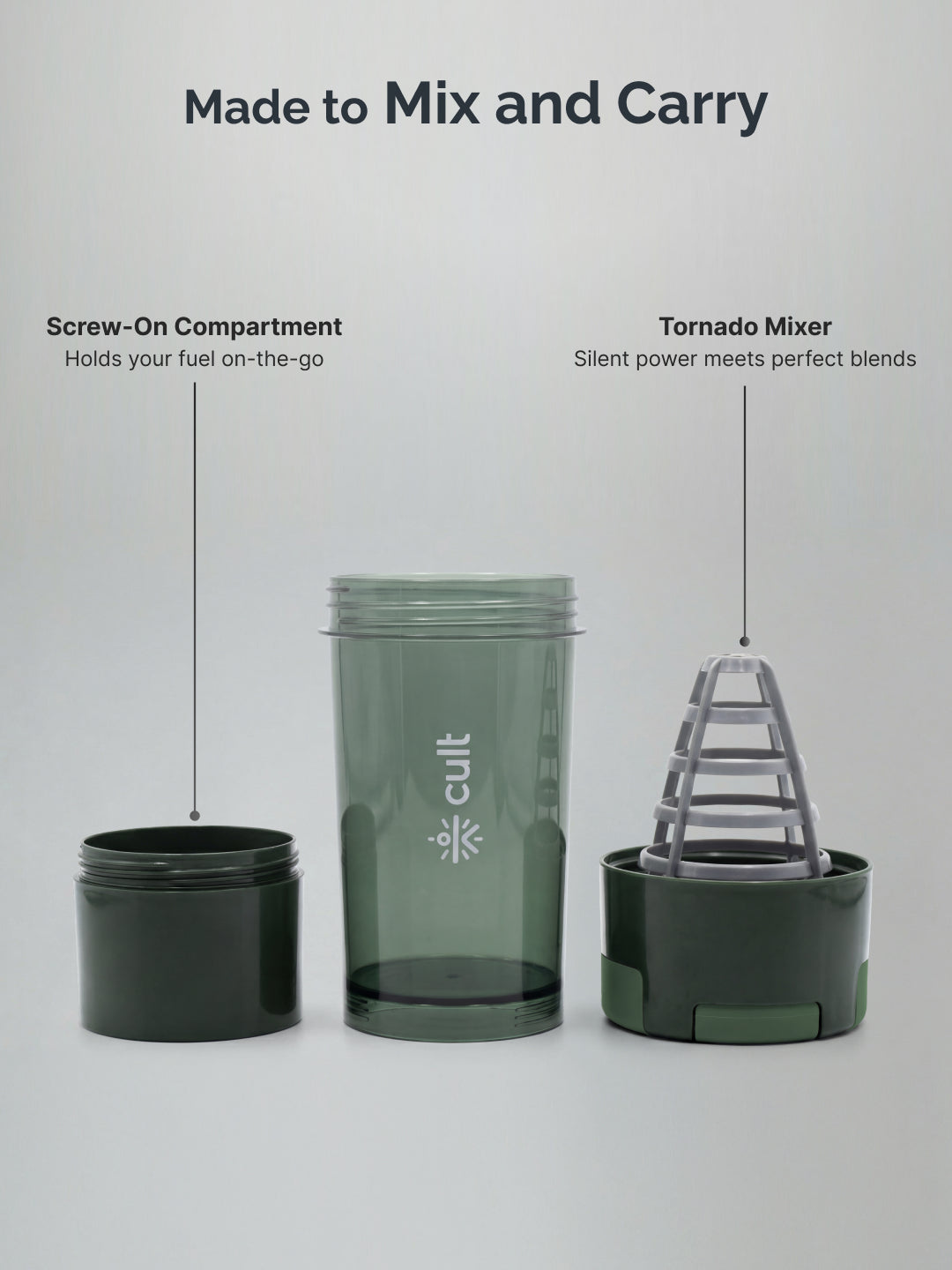 CULT Cyclon Shaker Bottle 500 ml, Durable Leak-Proof Multipurpose Shaker for Protein & Daily Use Army Green