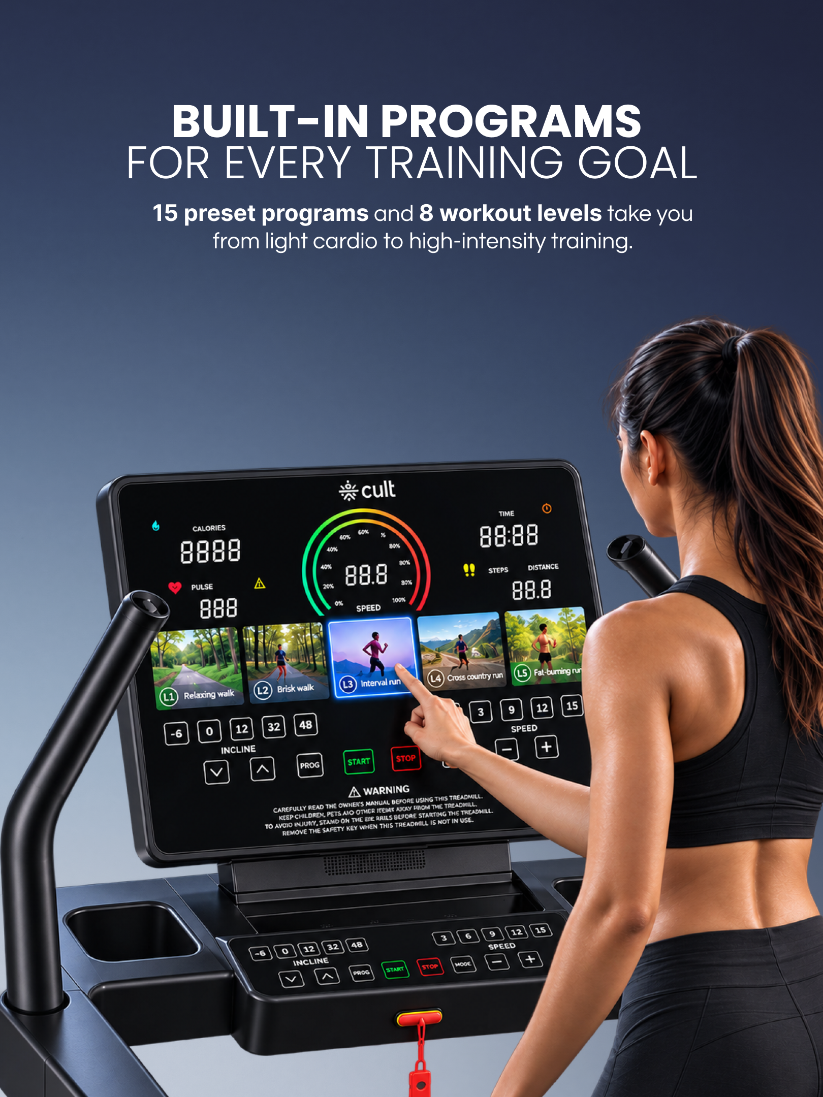 Cult Optima 8 HP DC Motorized Treadmill | 48 Levels Incline & 6 Level Decline| Max Speed - 22 km/hr | Max Weight - 150kgs | Shock Absorption for Knee Protection | LED Touchscreen | Wireless Charging | Black