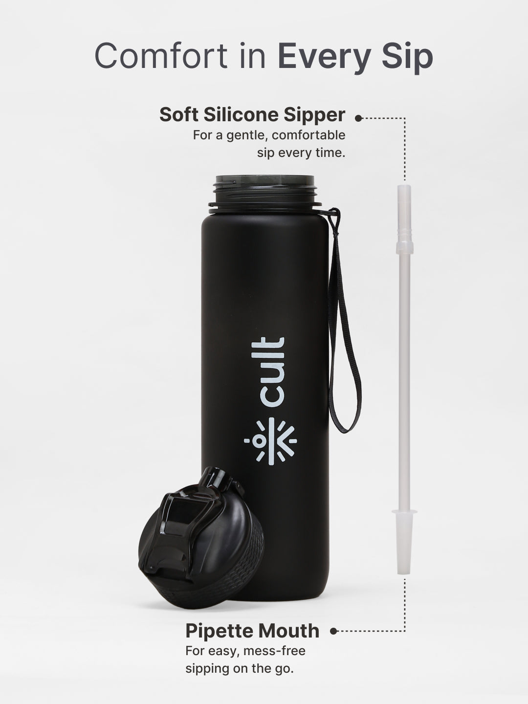 cult Motivational Bottle 1L Unisex Time Mark Sipper with Straw Black