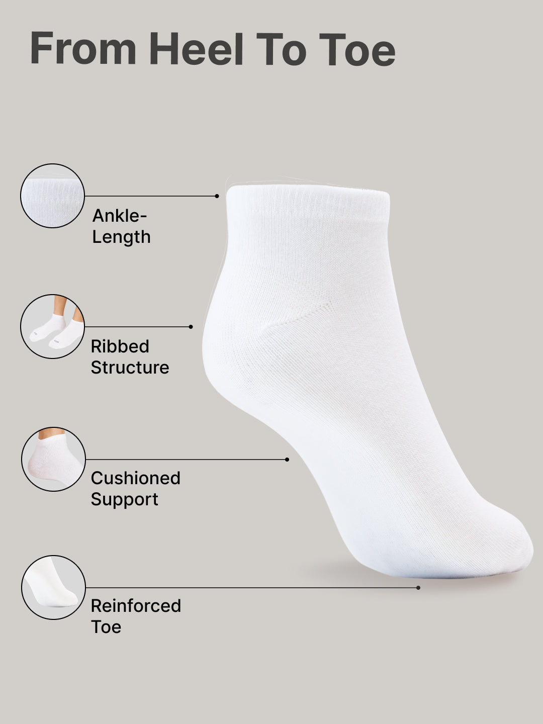 Casual Ankle Length Cotton Pack of 5 White Socks Men