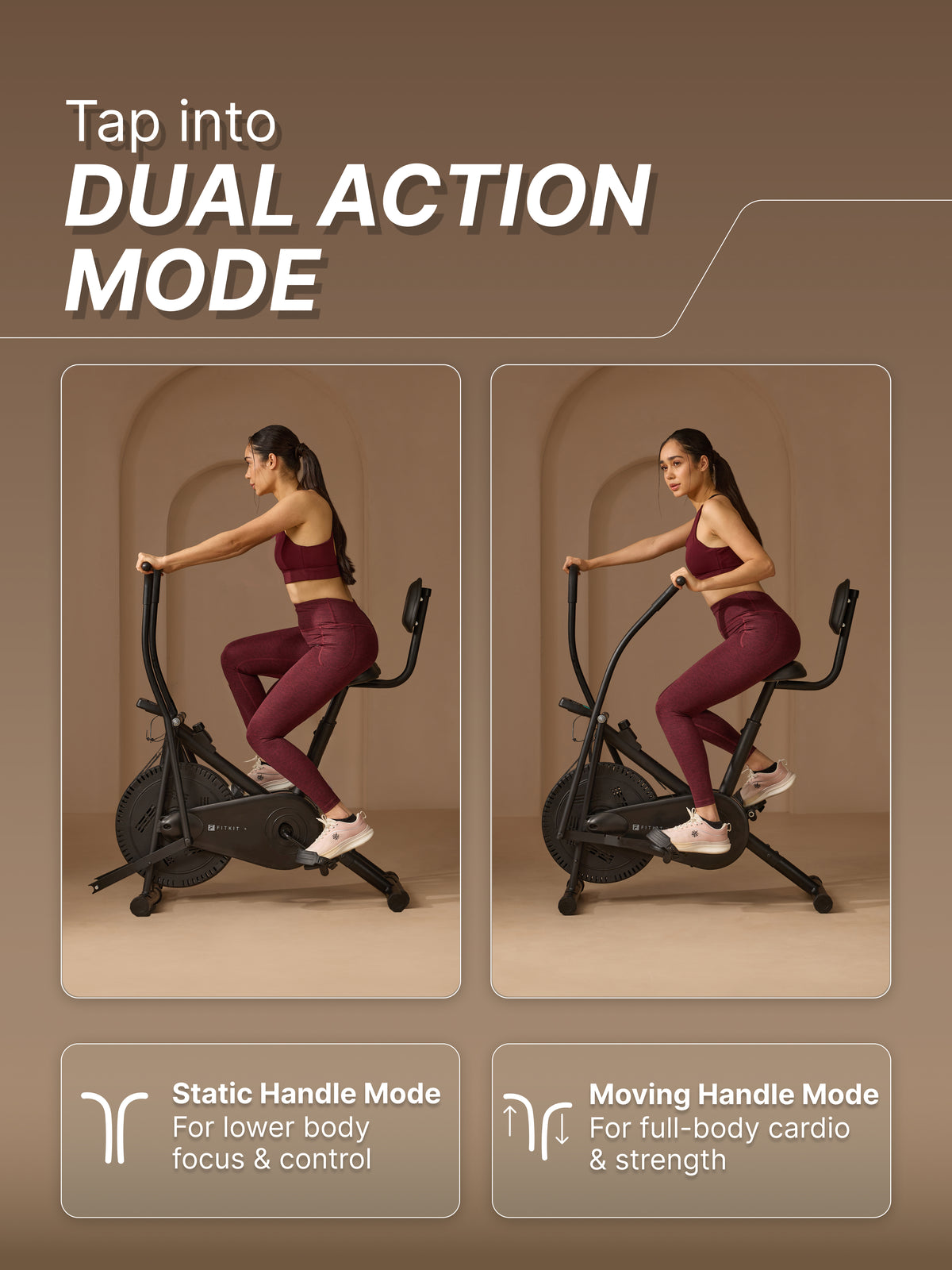 Fitkit Dual Action 2-in-1 Air Bike | Moving & Fixed Handles Exercise Cycle | Adjustable Seat & Anti-Slip Pedals | Direct Resistance | 120 kg Max Weight | Home Use Exercise Bike (with 6 Months Extended Warranty)