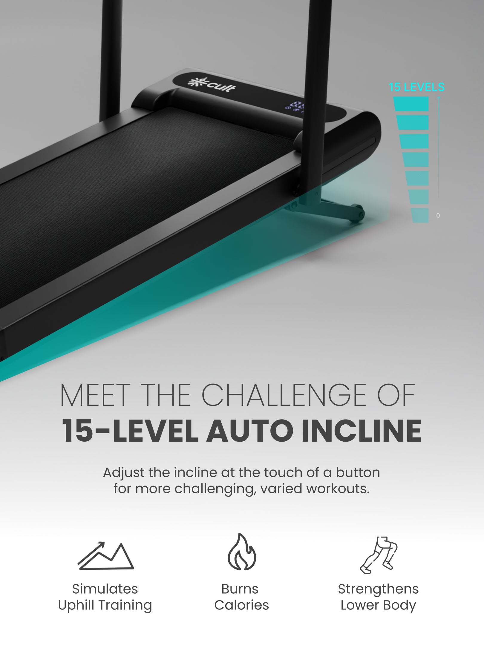 Cult Elevate Walking Pad with 5 HP BLDC Motor, 12 km/hr Speed, Auto Incline up to 15 Levels, 130 kg User Weight Capacity, LED Display, Tablet Holder & Wheels