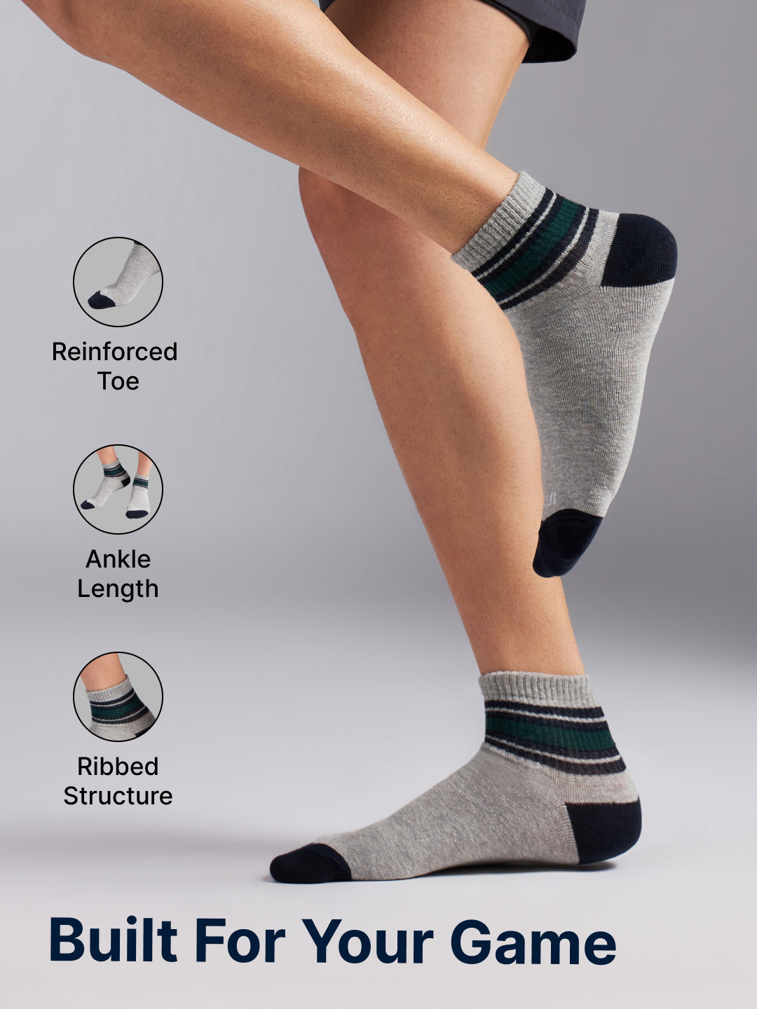 Sports Ankle Length Pack of 3 Grey Patterned Men's Cotton Socks
