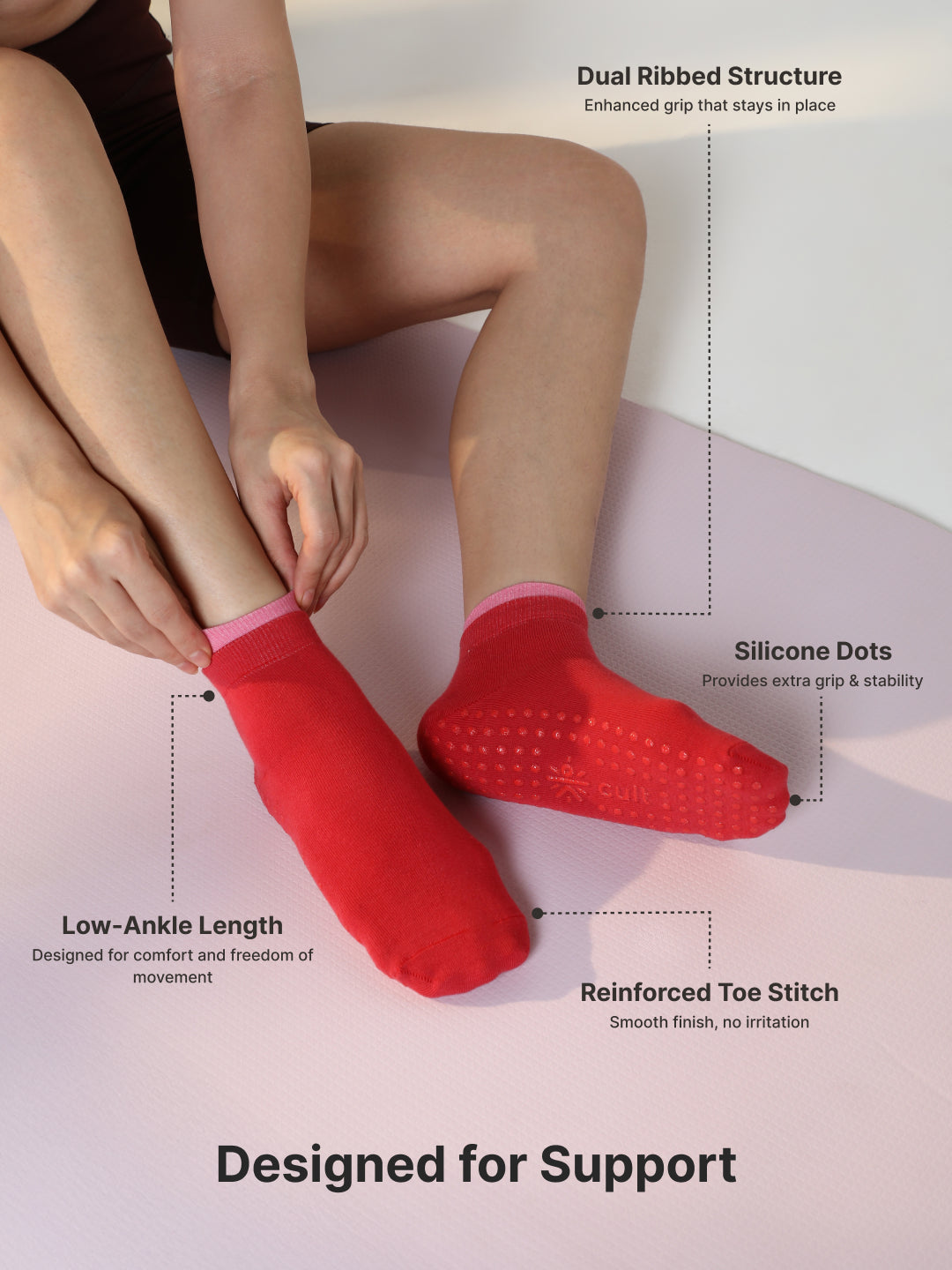 Yoga Anti-skid Ankle Length Pack of 2 Blush & Pink Unisex Cotton Socks