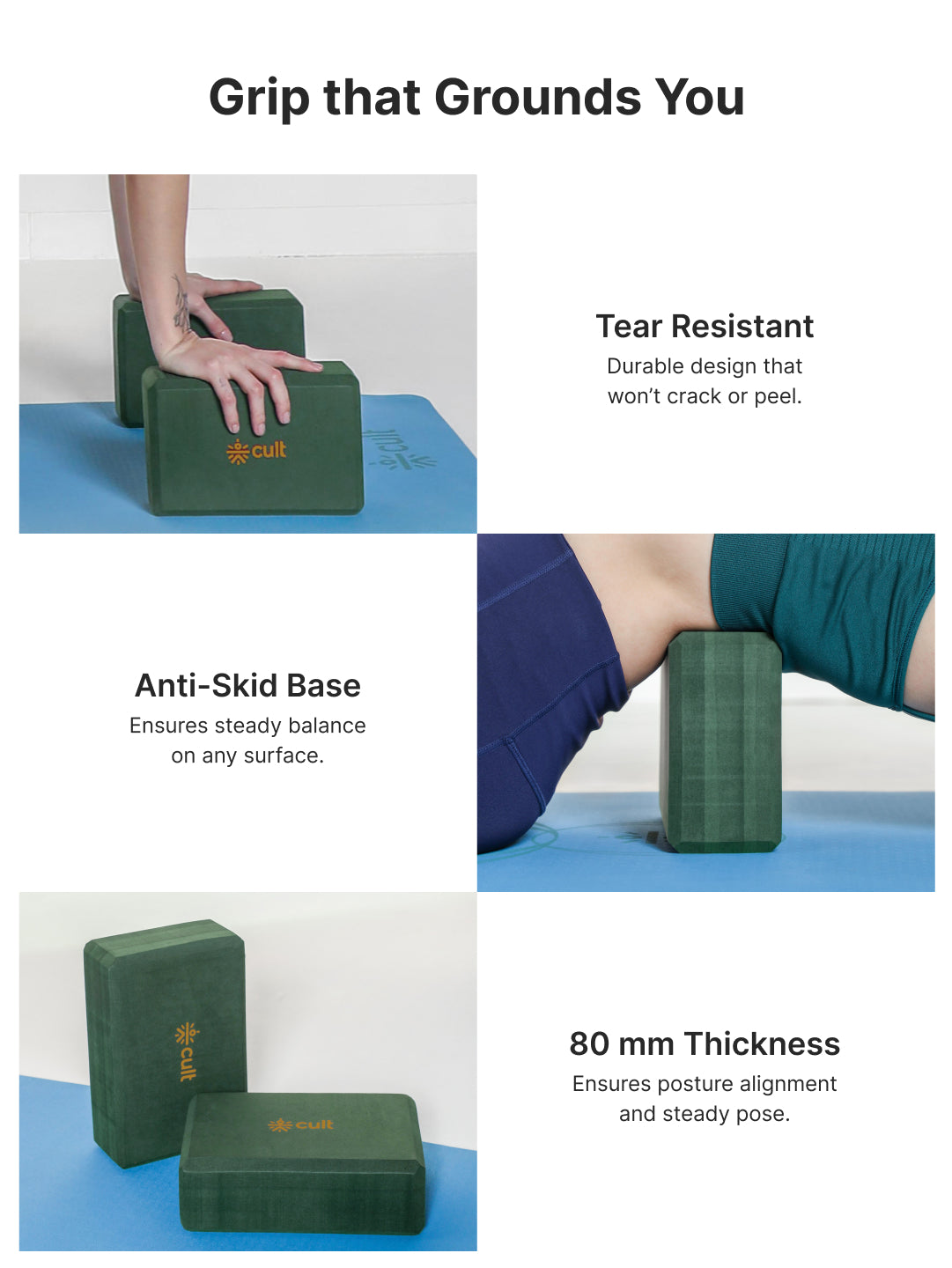 Pack of 2 EVA Yoga Blocks 80mm Green Non-Toxic, Anti-Skid & Durable