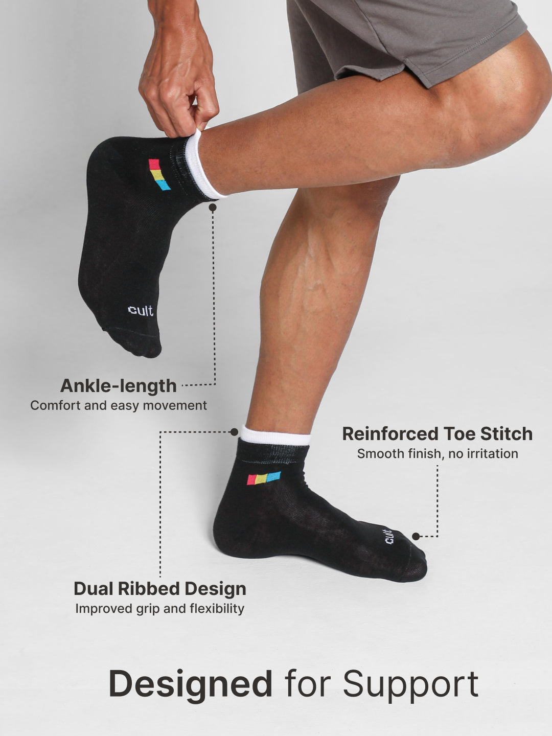 Ankle Length Sports Pack of 3 Multicolour Cotton Blend Men Socks Breathable, Sweat-Absorbent & Comfortable