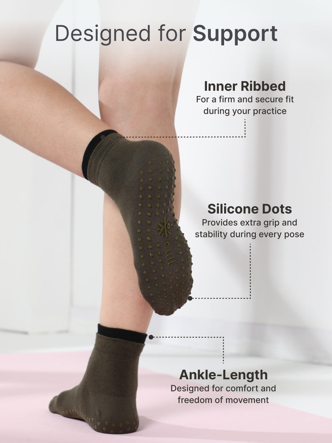 Yoga Anti-skid Ankle Length Pack of 2 Powder Blue & Olive Unisex Cotton Socks