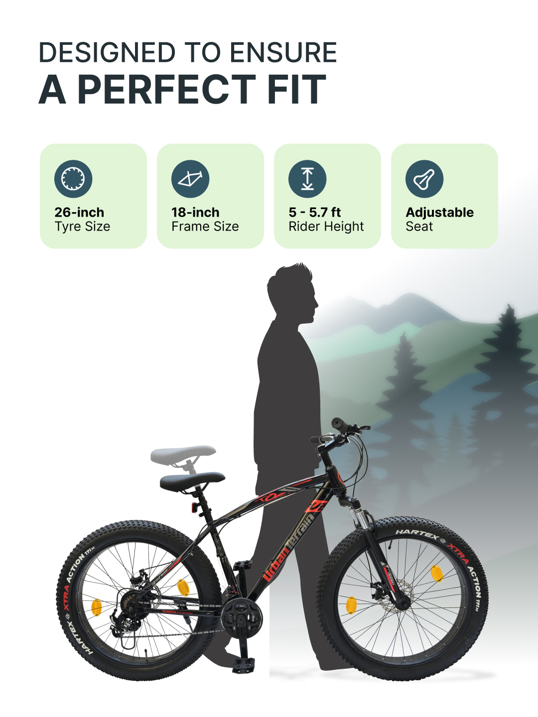 Rogue Mountain Bike Steel 21 Speed Cycle 26 inch Fat Tyre, Black With Front Suspension, Single Wall Rim and Dual Disc Brakes, Ideal For 5 ft to 5.7 ft, Free Trainer Sessions and Cycling Event