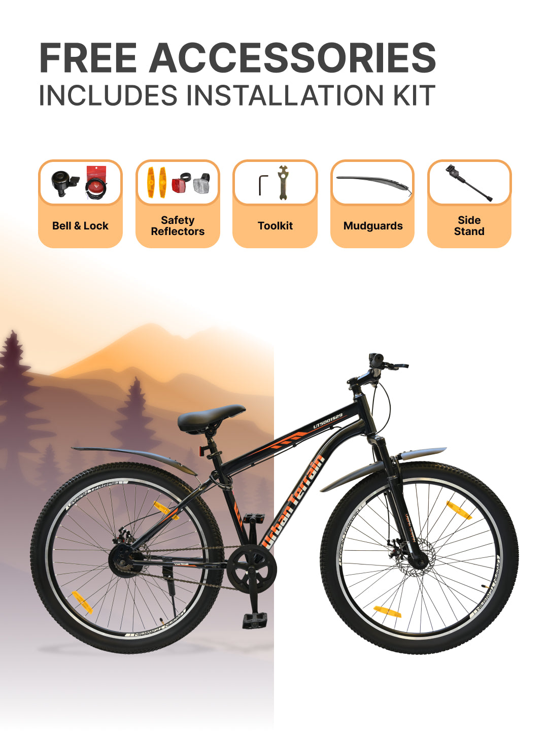 UT5001S29ACC Mountain Cycle Steel Single Speed 29 inch with Dual Disc Brakes, Front Suspension, Double Wall Alloy Rim, Bell & Lock, Black