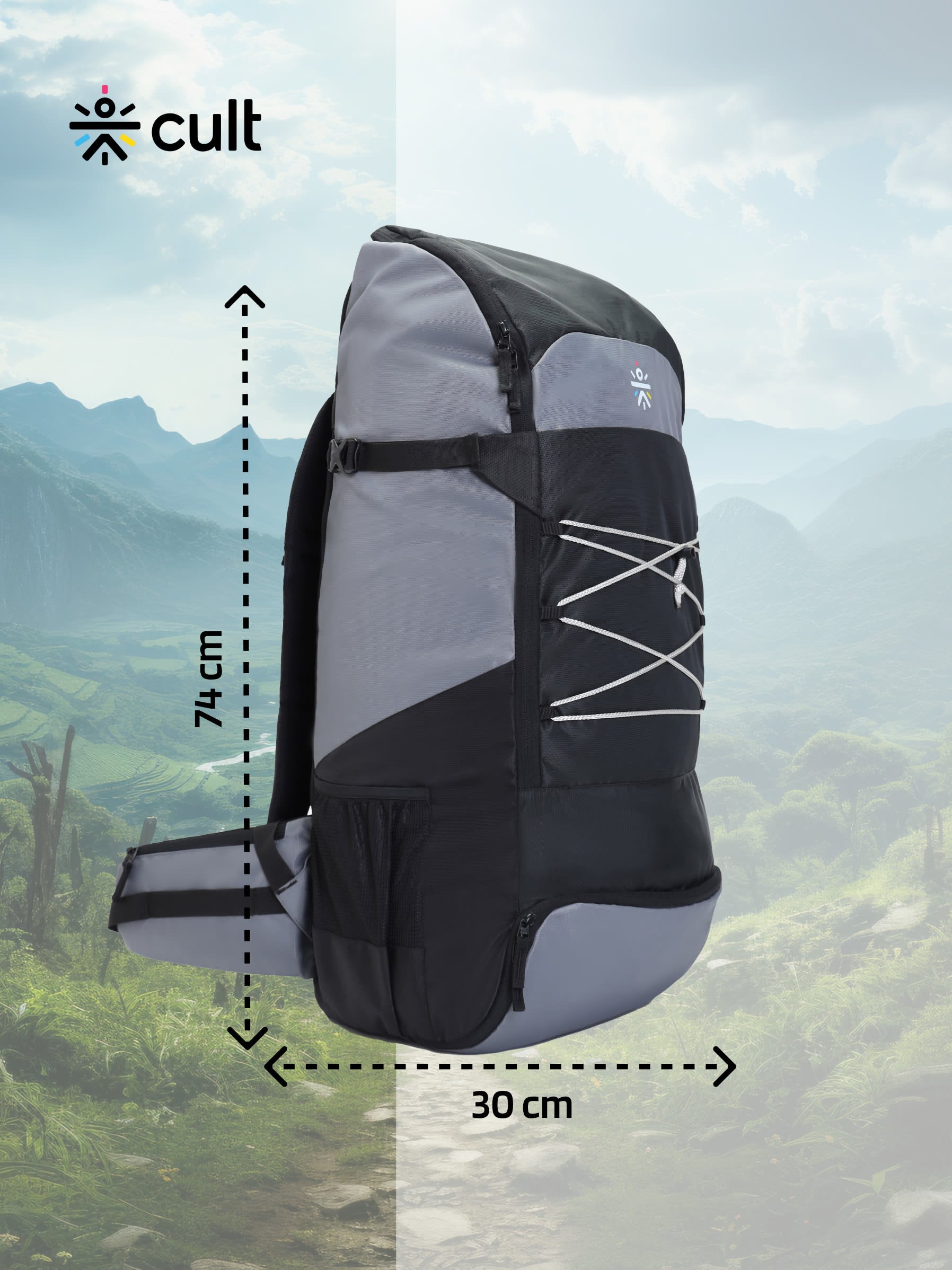 cult 65 Litre Travel Backpack Hiking Trekking Bag Camping Rucksack with Water Proof Rain Cover, Shoe Compartment Grey&nbsp;