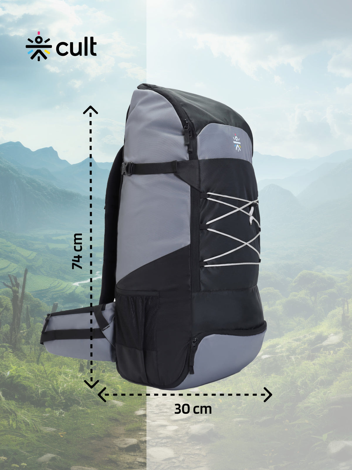 cult 65 Litre Travel Backpack Hiking Trekking Bag Camping Rucksack with Water Proof Rain Cover, Shoe Compartment Grey&nbsp;