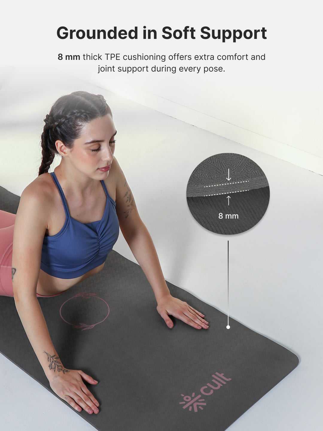 CULT Ultra Cushioned 8mm TPE Yoga & Pilates Mat   Eco-Friendly, Skin-Friendly, Anti-Skid, Tear-Resistant, Lightweight & Portable with Carry Strap and Bag  Ideal for Home, Gym & Outdoor Workouts - Dark Grey