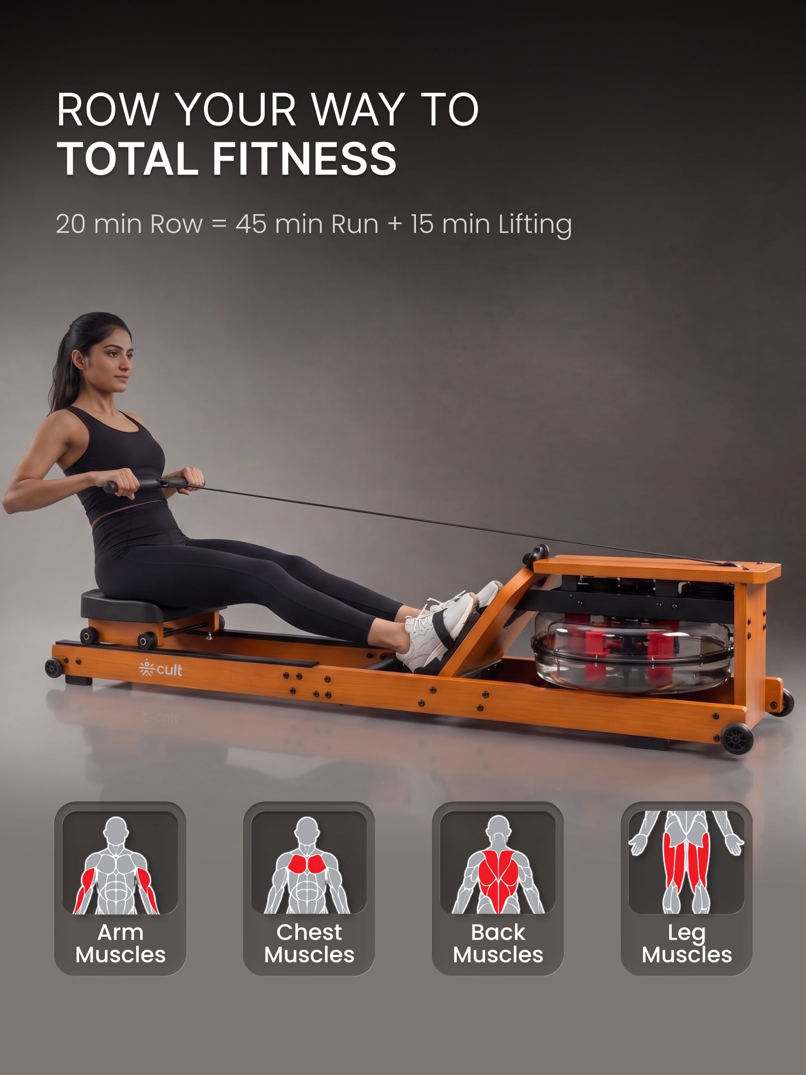 Cult Smart Water Rowing Machine for Home Gym | Dual Resistance | 32-Level Magnetic Resistance | Foldable Wooden Rowing Machine | 120 kg Capacity | Compact & Foldable Design