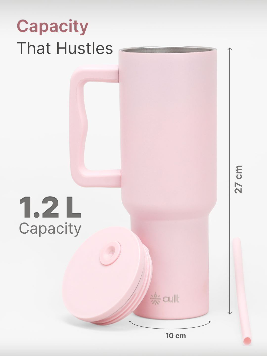 cult Steel Tumbler Double Vaccum Insulated for Hot and Cold 1200 ml Unisex Pink with Straw