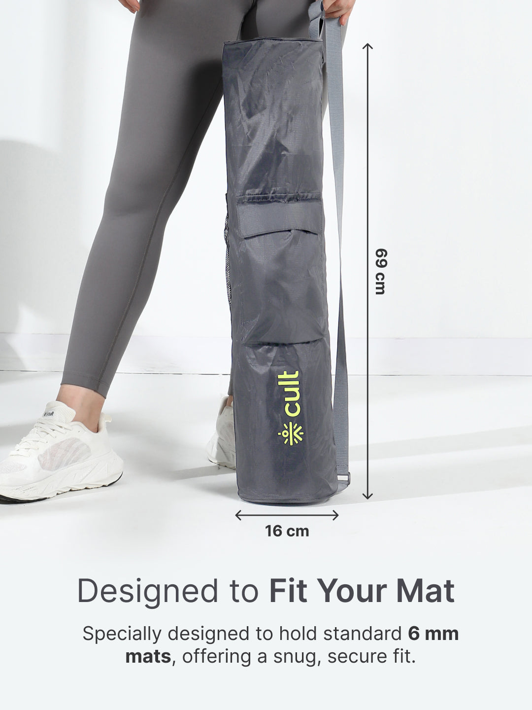 cult Yoga Mat Bag Grey with Adjustable Shoulder Strap Fits Up to 6mm Mat