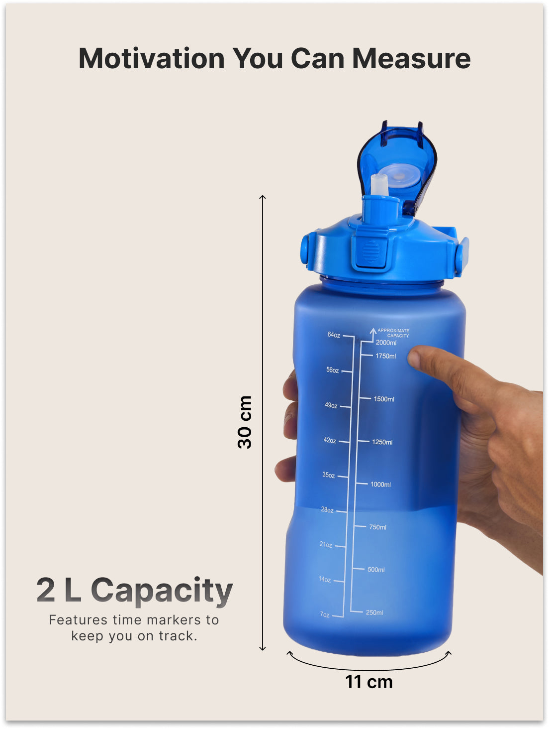 CULT Motivational Water Bottle 2L with Time Marker & Straw Large BPA-Free Gym Sipper Bottle, Portable Sports Water Bottle for Men & Women (Blue)