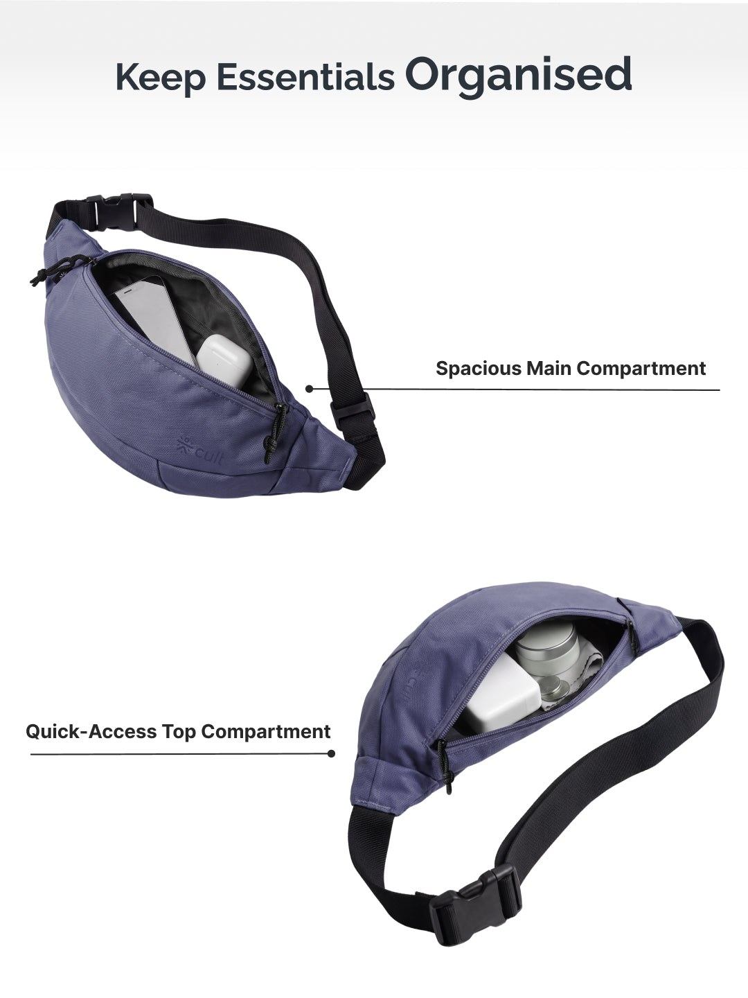 Cult Waist Bag for Men & Women, Compact Fanny Pack with Dual Compartments, Adjustable Strap, Water-Repellent Travel, Running & Everyday Carry Bag – Slate Blue