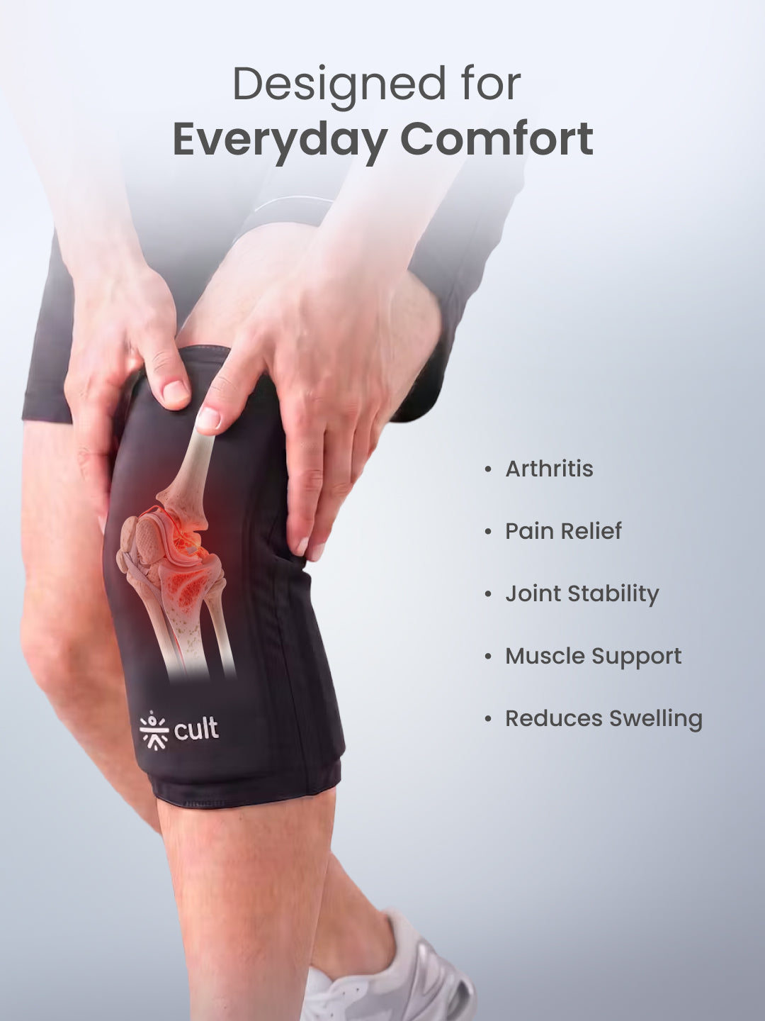 CULT Gel Knee Cap for Gym & Running | Compression Knee Support Brace with Silicon Patella Ring & Side Stabilizers for Joint Pain Relief & Sports (Black, L-XL)