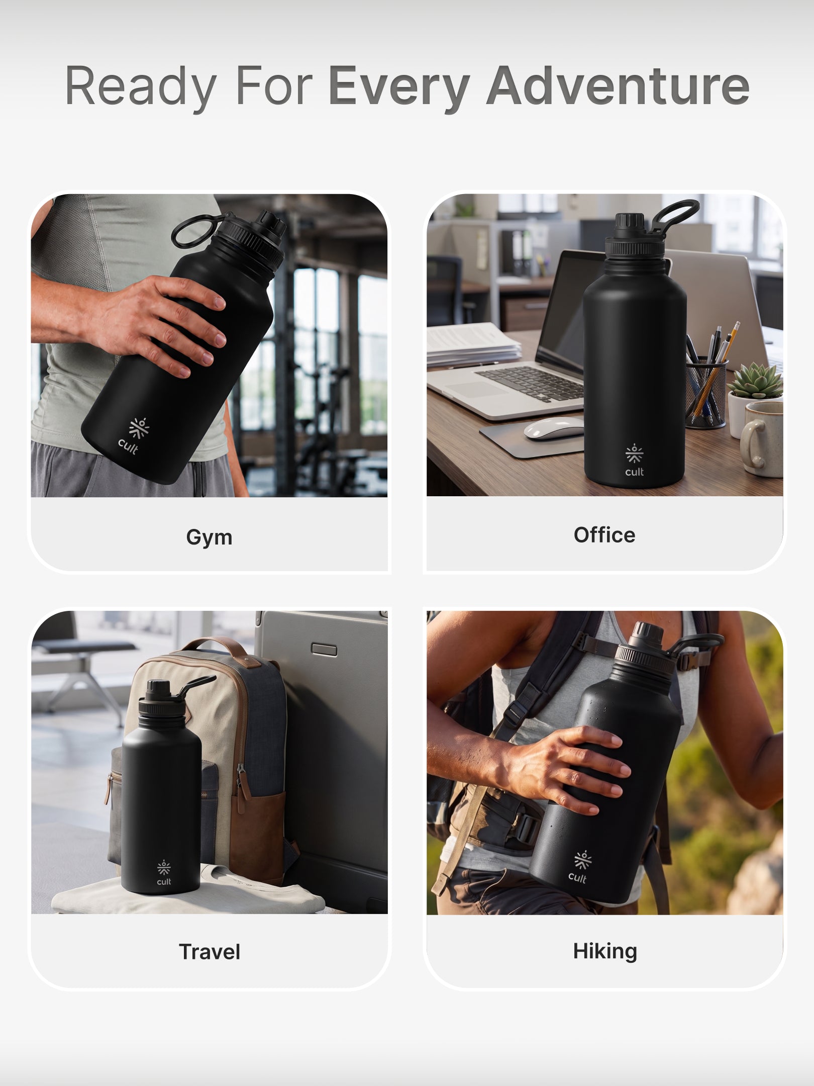 CULT 2 Litre Stainless Steel Water Bottle – 2000ml Leakproof Gym Hydration Jug with Sports Cap - Black