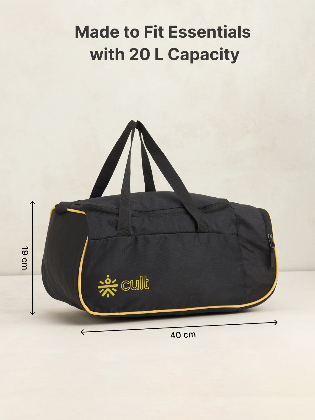 cult 25 Litre Gym Duffle Bag Black Yellow Unisex with Multipockets