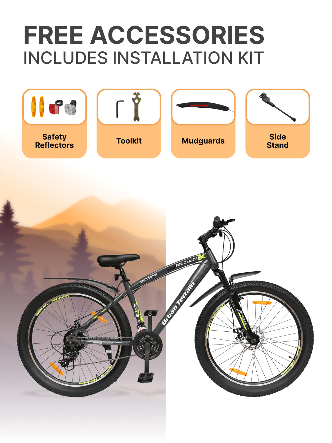 Bolt Ultra Mountain Bike Steel 21 Speed Cycle 27.5 inch Tyre, Grey With Front Suspension, Double Wall Rim and Dual Disc Brakes, Ideal For 5.2 ft to 6 ft